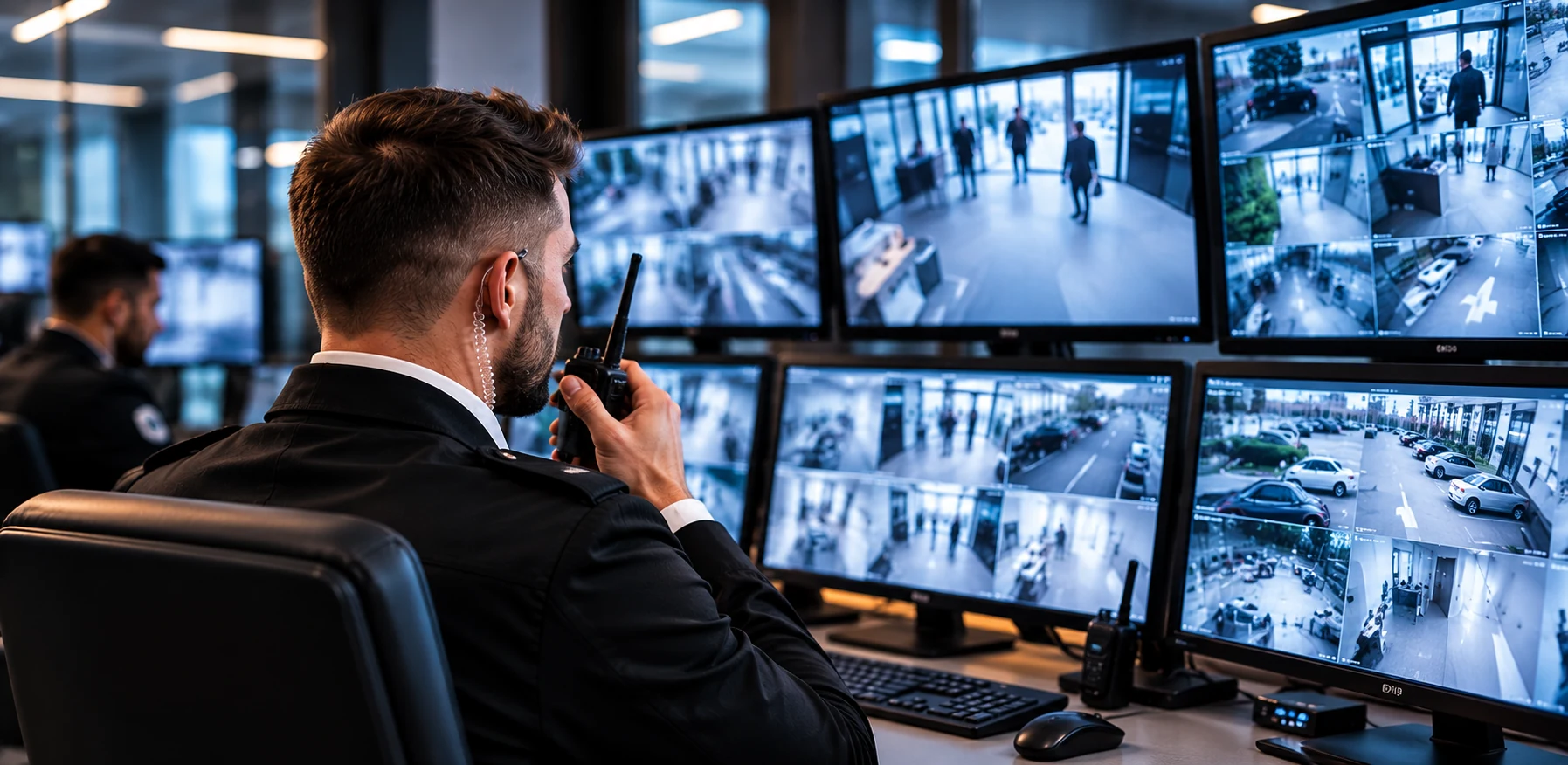 CCTV security operator monitoring surveillance screens