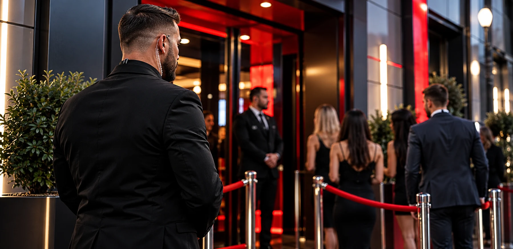 Professional door supervisor security training at a venue entrance