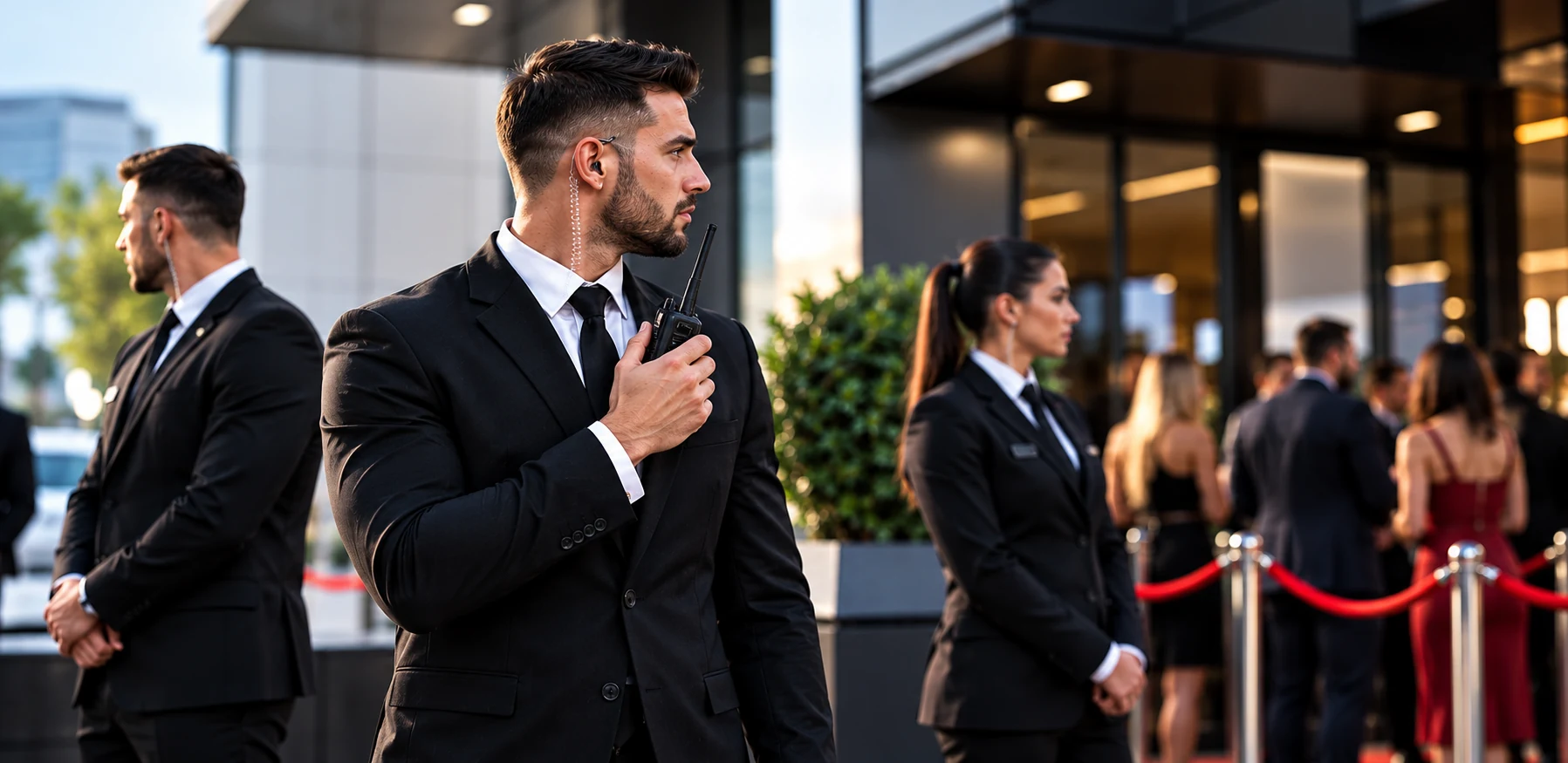Security team members on duty outside a venue during a busy evening